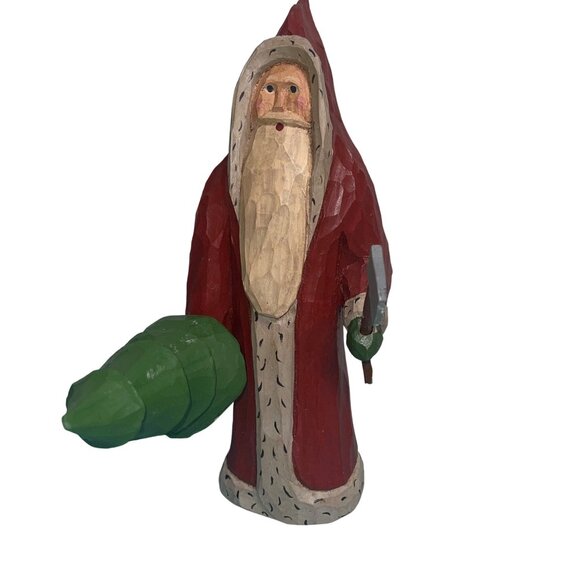 Vintage Santa Claus Tree And Axe Folk Art Style Hand Carved Collectible Wooden - Picture 9 of 12